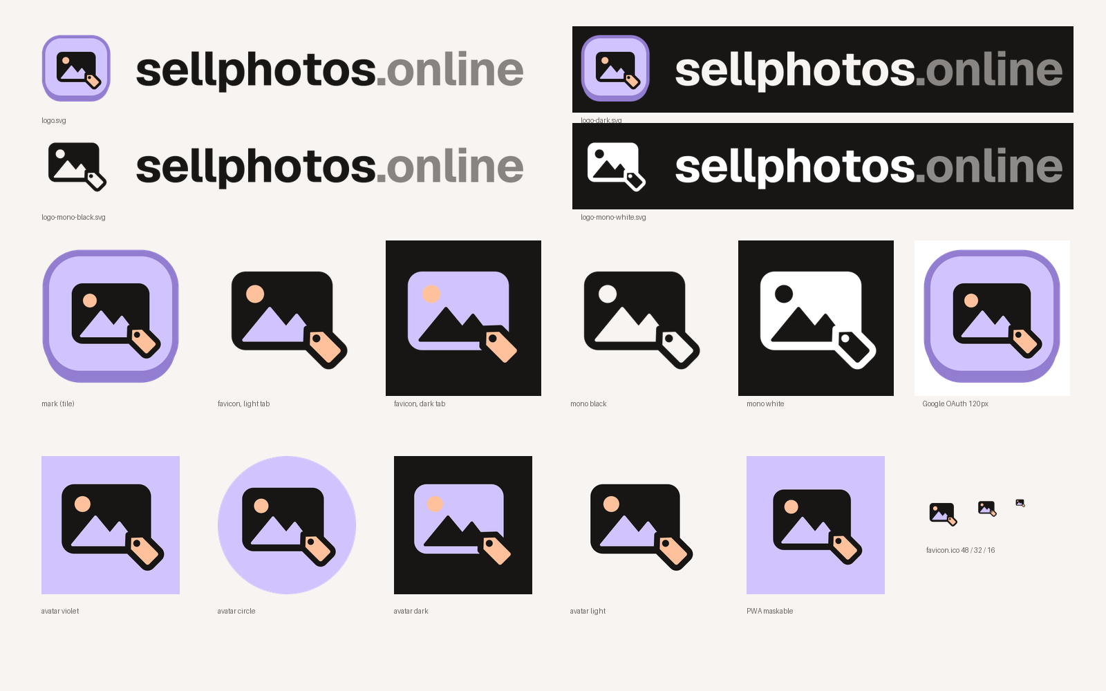 Contact sheet of every mark, lockup, favicon and avatar